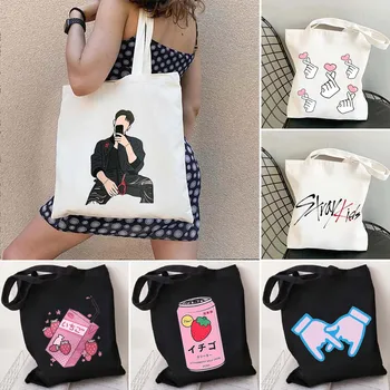 Корейские парусиновые сумки-тоут Kpop Cute Love Finger Heart Stray Kids Ramen Наплечная парусиновая сумка-тоут Harajuku Shopper Сумки для покупок