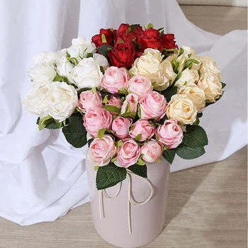 Букет искусственных роз, 13 головок, Шелковые искусственные цветы, домашний декор, Букеты Болгарских роз с выжженным краем, украшение ресторана отеля