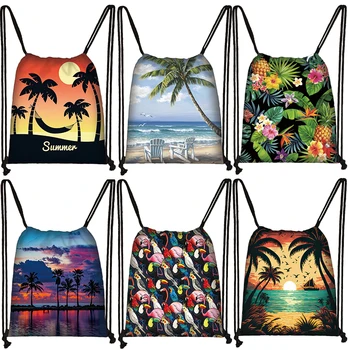 Пейзажный закат, Кокосовая пальма, сумка на шнурке, Тропический цветок, Рюкзаки для путешествий, Спортивная сумка для хранения на открытом воздухе, Держатель для обуви