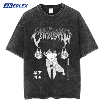 Уличная одежда в стиле хип-хоп, выстиранная футболка, футболка с принтом японского аниме, мужская летняя хлопковая футболка Harajuku, черные винтажные топы, тройники