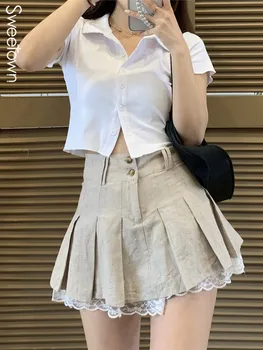 Sweetown Корейская модная Короткая юбка цвета хаки С кружевной отделкой, Милые плиссированные юбки, женская летняя юбка на пуговицах с высокой талией в опрятном стиле