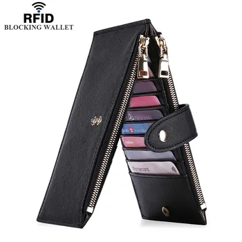 Женский кошелек с RFID-зажимами для денег, блокирующий двойной чехол для нескольких карт, кошелек с карманом на молнии, женский кожаный карманный кошелек