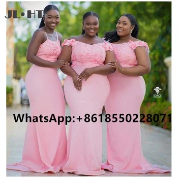 Африканская Русалка, розовые платья подружек невесты, Кружевное Эластичное Атласное Женское платье с длинным шлейфом на одно плечо, свадебное платье для вечеринки