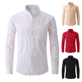 Мужские рубашки с длинным рукавом американского размера из льняного волокна, однотонная социальная приталенная официальная однотонная рубашка, удобная деловая офисная одежда