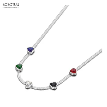 BOBOTUU, Разноцветные ожерелья с подвесками в виде сердца из кубического циркония для женщин, Модное колье-чокер со змеиной цепочкой, BN22073