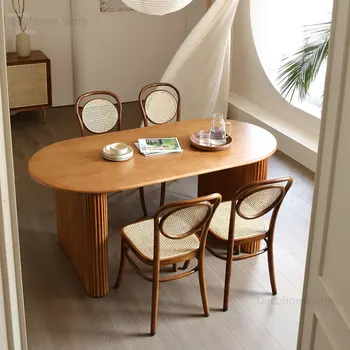 Обеденные столы из японского ротанга, Кухонная мебель, Современный Дизайнерский Прямоугольный Обеденный стол из массива дерева, Столы для дома в скандинавском стиле