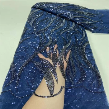Высококачественная вышивка Жениха блестками для женщин, Свадебное платье, Сетчатая ткань, 5 Ярдов темно-синего цвета