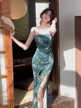 Женское платье с разрезом на шее, сексуальное платье без бретелек в стиле ретро с зеленым принтом, Элегантное платье с разрезом на подтяжках, Облегающее Длинное платье Миди, летнее