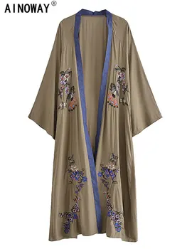 Винтажные шикарные женские пояса с цветочным принтом, богемное кимоно, пляжная одежда, рукава 