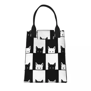 Черно-белый кот Шахматная доска Сумка для ланча Сумка для еды Органайзер для хранения Бумажный пакет для пикника на открытом воздухе Складная термосумка