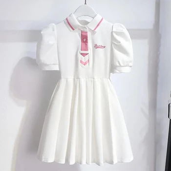 Корейское платье для девочек, Летнее платье-поло с пышными рукавами и воротником-трапецией, повседневная опрятная одежда для детей колледжа, Корейские форменные платья