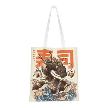 Забавные сумки для покупок японской еды многоразового использования Отличная холщовая сумка для покупок через плечо