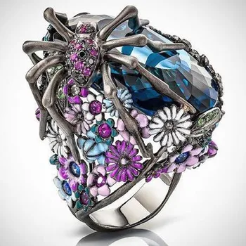 Заявление серебряного цвета, кольцо с синим кристаллом, обручальное кольцо с паучьим цветком для женщины