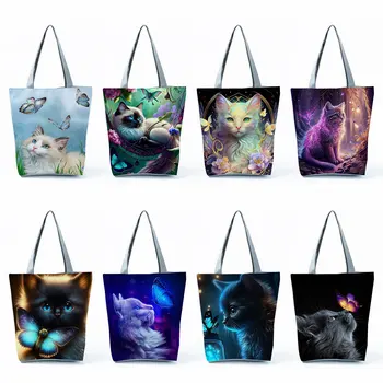 Эко-женские сумки с принтом бабочки и кота большой емкости, портативная сумка-тоут, милые, красивые сумки через плечо с животными, сумка для покупок
