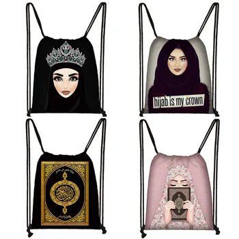 Лицо в хиджабе, мусульманка, исламский Грил, Глаза, сумка на шнурке, женская модная сумка для хранения, сумка для покупок, сумка для книг для девочек-подростков, 35x55 см