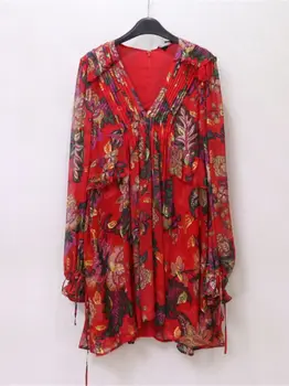 Женское плиссированное мини-платье на шнуровке с нерегулярным цветочным принтом, длинный рукав, женский халат с высокой талией, новинка 2023 года, весна-лето