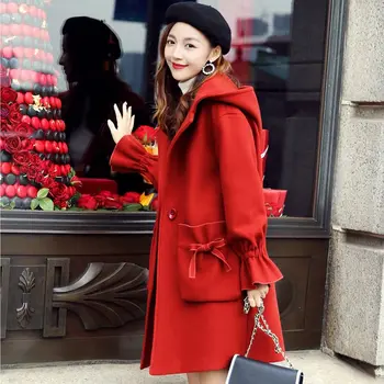 Шерстяное пальто Женское средней длины 2023 Осень-зима Теплая красная шерстяная куртка с капюшоном Женская одежда