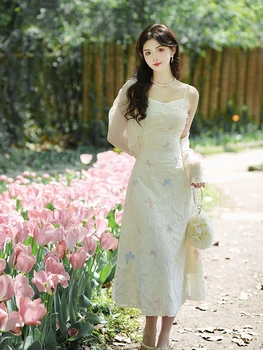 Комплект французских милых платьев, женский ретро-кардиган + жемчужная цепочка, шикарный принт бабочки, вышивка, сказочные платья-спагетти, летний костюм