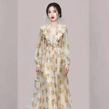Весенние летние платья с принтом в Корейском стиле Ретро с длинным рукавом Vestidos Элегантное Богемное Женское длинное платье Макси
