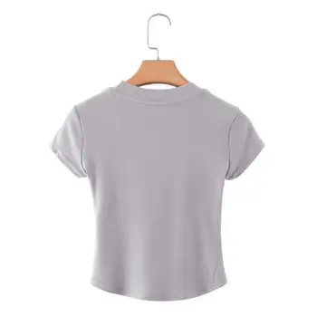 Популярные укороченные топы, дышащая футболка с открытым пупком, однотонная базовая женская футболка