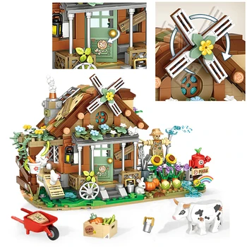 Креативный фермерский дом с животными, ветряная мельница, строительный блок Homeland, фермерский домик LOZ Moc, Садовая тележка, Корова, кирпичные игрушки для детей в подарок