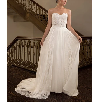 Уникальные свадебные платья из белого шифона и кружева 2023, иллюзорный вырез в виде сердечка, аппликации, шлейф, трапециевидное платье Noiva Vestido