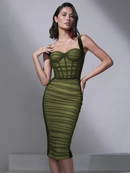 Элегантное вечернее клубное сетчатое платье миди с корсетом в стиле пэчворк, черное платье для женщин 2023, сексуальные вечерние платья зеленого цвета в обтяжку без спинки и рюшей