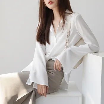 Шифоновая рубашка женская весенняя одежда с длинными рукавами 2023 новая свободная корейская версия design sense, нишевый топ, белая рубашка с расклешенными рукавами