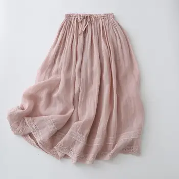 Японская модная льняная юбка для девочек свободного дизайна с высокой талией, тонкая мягкая, с кружевным подолом, длинная юбка женская