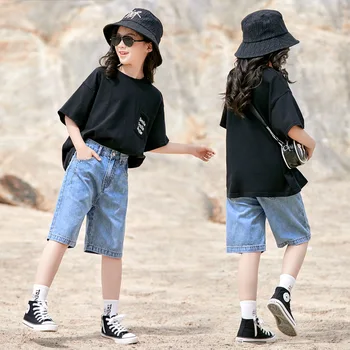 Джинсовые брюки для девочек, широкие брюки, джинсы, однотонные, длиной до колен, 2023 года, новая корейская версия, внешняя мода для детей среднего и крупного возраста