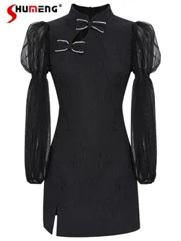 Роскошное женское черное вечернее платье для вечеринки в западном стиле из жаккарда с длинным рукавом, улучшенные платья Чонсам для женщин