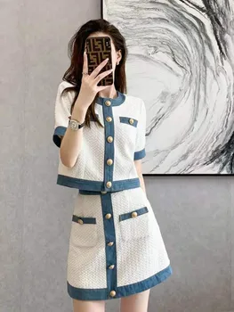 Летняя Корейская элегантная женская одежда для подиума, роскошный шикарный топ + высококачественная повседневная брендовая мини-юбка, женский комплект из двух предметов