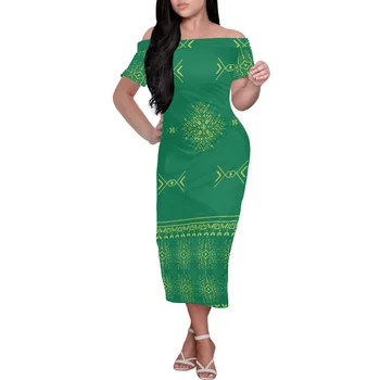 Зеленое элегантное вечернее платье в Самоа Полинезийском стиле с принтом на одно плечо Высококачественное Женское сексуальное платье с коротким рукавом