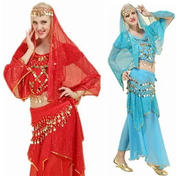 Набор из 4 предметов, танцевальные костюмы для взрослых в Болливуде, Костюмы для индийского танца живота, комплект для женщин, Шифоновый костюм для танца живота, костюм для женщины