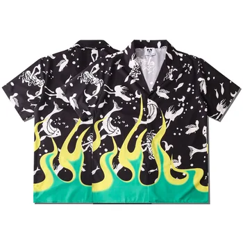 Дизайнерская мужская одежда Свободная рубашка С коротким рукавом Flame 3D Печать Летняя Качественная Гладкая Удобная Домашняя шелковистая сорочка большого размера
