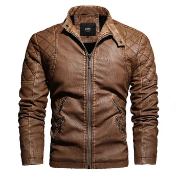 Мужская кожаная куртка с воротником-стойкой, утепленная меховая подкладка, тепловая мотоциклетная кожаная куртка, высококачественная мужская куртка из искусственной кожи 4XL