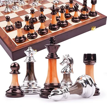 Шахматы длиной 45 см, элегантные Классические металлические фигурки, деревянная доска, Складывающиеся для отдельного хранения, немагнитные, Идеальные подарки, Отличное качество