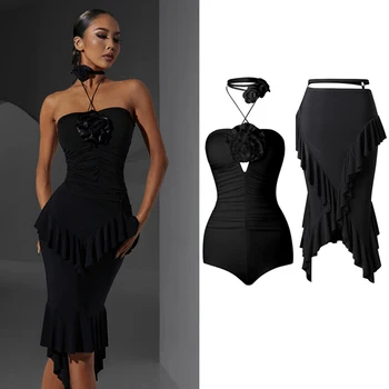 Черное платье для латиноамериканских танцев в цветочек, Женский костюм для выступлений, Боди, топы, Юбка, одежда для бальных танцев, одежда для тренировок, DNV17802