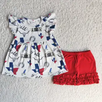 Горячая Распродажа RTS БЕЗ MOQ Детские Летние Красные Шорты с оборками Модные Комплекты для девочек Одежда для малышей Наряды