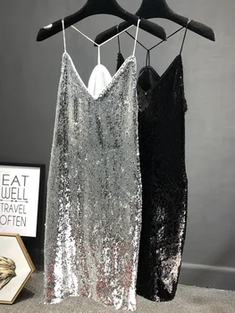 Сетчатое красное сексуальное ночное шоу 2022, летняя новая юбка на подтяжках с блестками, черное платье средней длины, женское платье