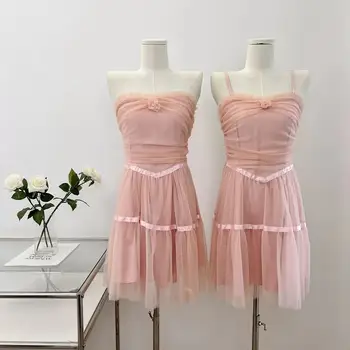 Летние розовые мини-платья для женщин 2023, сексуальное элегантное платье, винтажный сарафан, повседневное платье с рюшами и открытой спиной