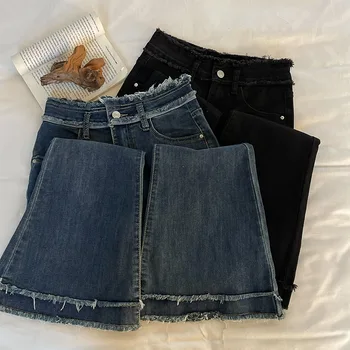 Женские джинсовые брюки свободного кроя, однотонные, тонкие, с высокой талией, уличная одежда, джинсы, рваные брюки для отдыха с кисточками длиной до щиколоток, новинка весны 2023 года