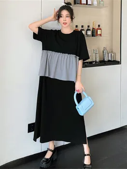 2023 Летнее Новое Корейское платье с рюшами, свободное длинное платье с коротким рукавом, женское платье большого размера