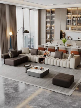 Итальянский минималистичный кожаный диван, комбинация больших блоков, современная светлая роскошная гостиная, креативный цветовой тон клавиш пианино