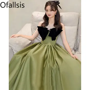 Ofallsis Зеленые вечерние платья без бретелек с бантом, женские летние новинки 2023 года, элегантные платья для ежегодных встреч в стиле феи высокого класса