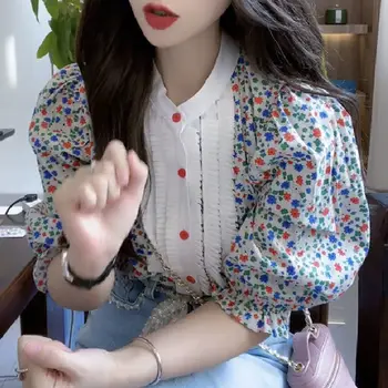 Летние Новые топы с пышными рукавами в цветочек, футболки, свободные рубашки в стиле пэчворк с коротким рукавом, Элегантная Женская одежда в корейском стиле