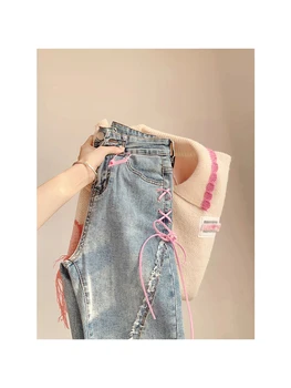 Весенняя Корейская мода 2023, женская уличная одежда, Повседневные джинсы с разрезом на шнуровке, Широкие брюки, вязаный свободный свитер Harajuku Kawaii