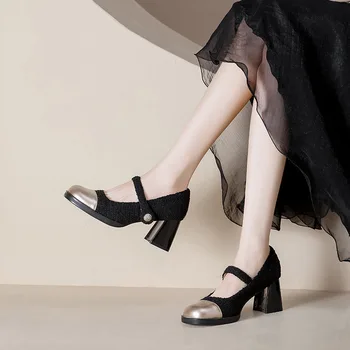 Туфли Mary Jane На высоком каблуке Женские весенние винтажные французские туфли с круглым носком на толстом каблуке, туфли-лодочки Botines Mujer Con Tacon