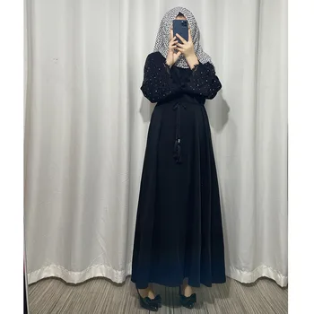 Мусульманское платье Женщина Ближневосточная Вышивка Кружево Сплошной Цвет С Длинным рукавом Дубай Свободный Халат Малайзия Турция Абая Модный Халат