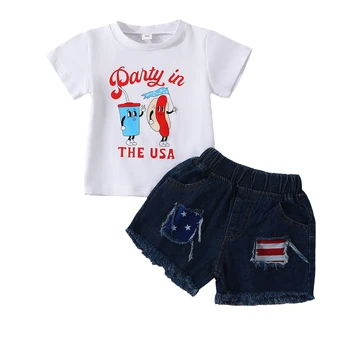 Citgeett Летние Комплекты одежды на День независимости для маленьких девочек, топы с короткими рукавами и буквенным принтом + джинсовые шорты в полоску со звездами